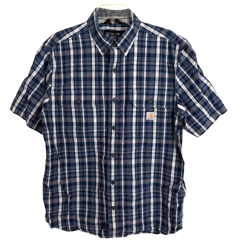 Carhartt Shirt Mens Medium Blue Plaid Loose Fit‎ Button Up Short Sleeve Cotton
